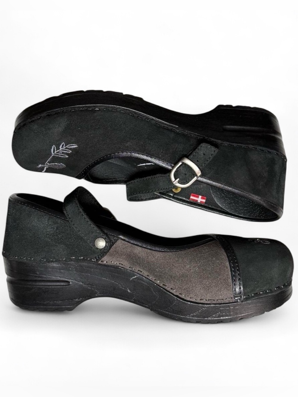 Sanita Danish Clogs Black Brown Suede Patchwork Embroidered Bird Mary Jane Sz 39 - Picture 3 of 8